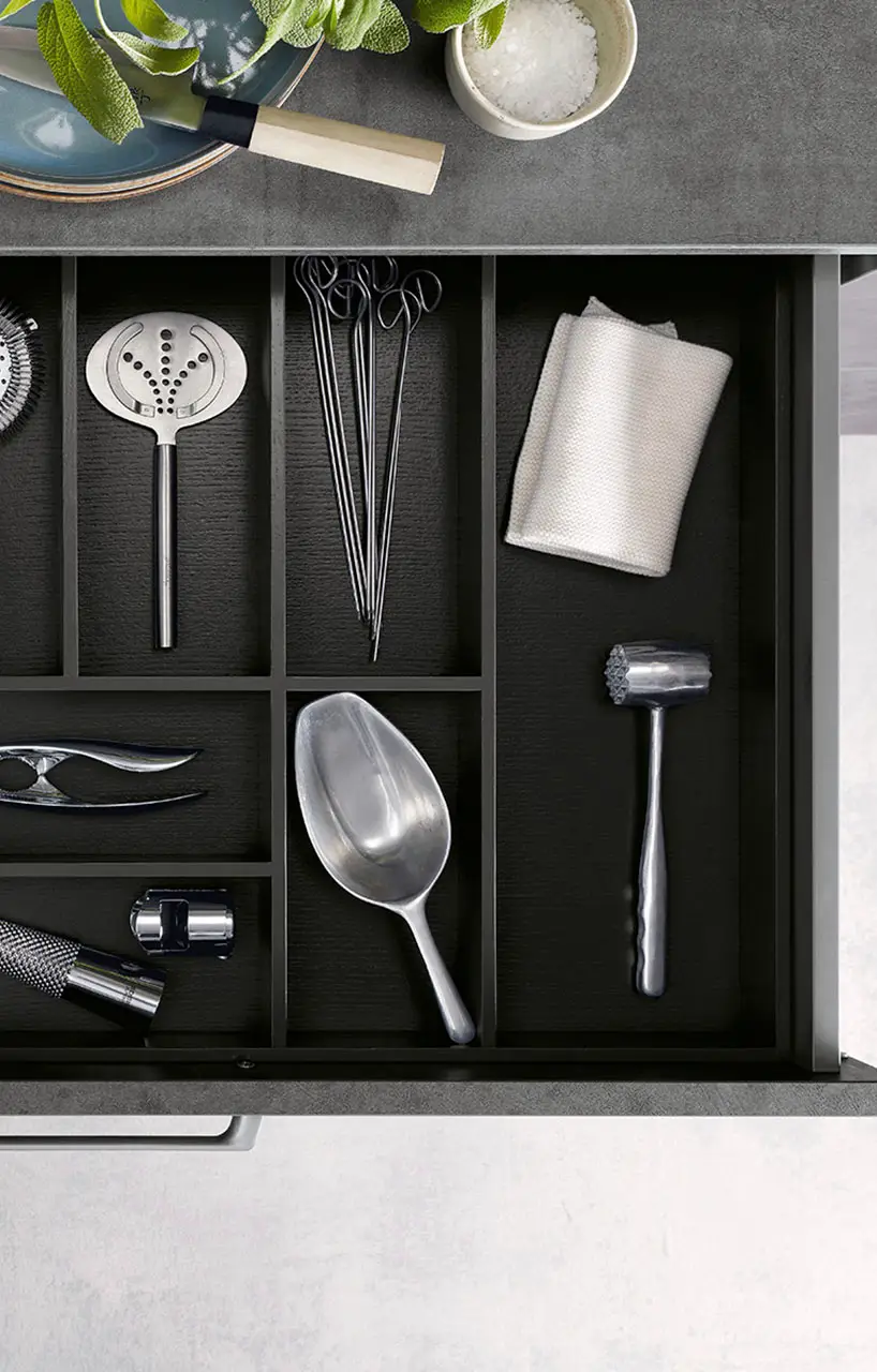 Ash cutlery insert with compartments for serving utensils and small tools