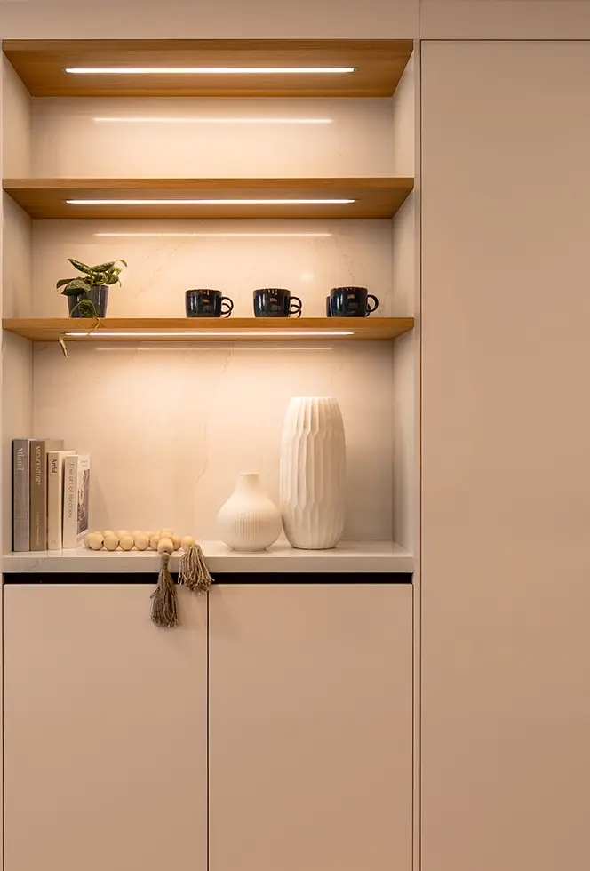 Pantry shelving with integrated under-shelf lighting and open storage